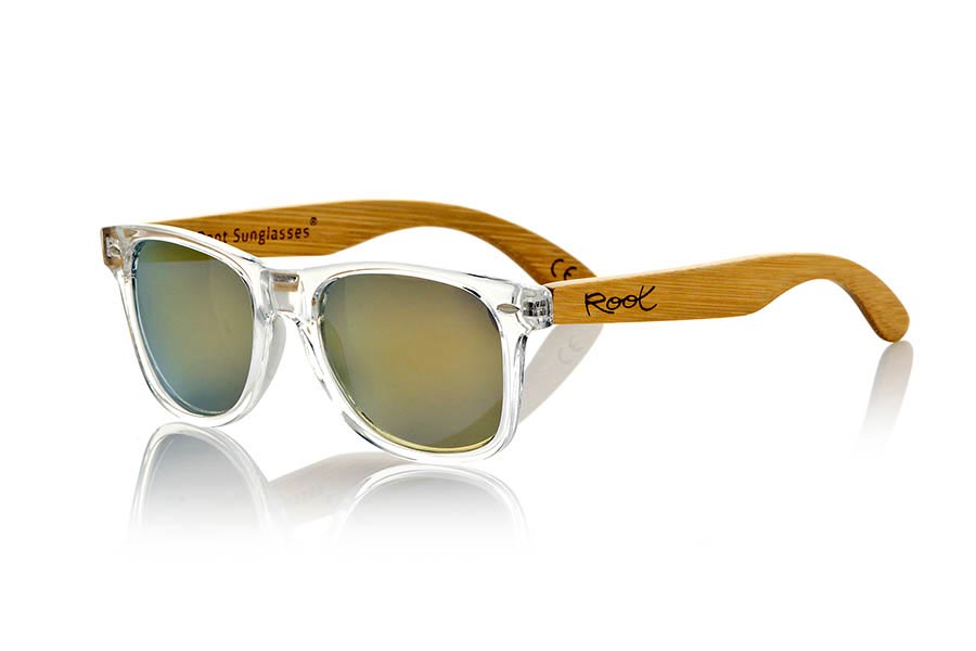 Wood eyewear of Bamboo CANDY TR. Candy TR sunglasses are made with synthetic transparent front and sideburns in natural bamboo combined with four lens colors that will adapt perfectly to your taste and your modern style. Front Measure: 148x50mm for Wholesale & Retail | Root Sunglasses® 